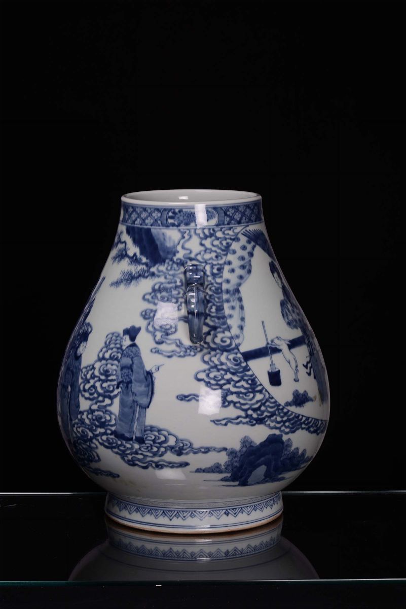 Vaso in Porcellana Bianca e Blu Decorata con Figure Femminili, Cina, Dinastia Qing XIX Secolo