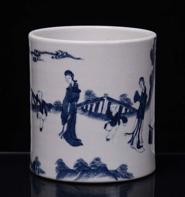 A withe and blue porcelain brush holder vase, China 20th century
