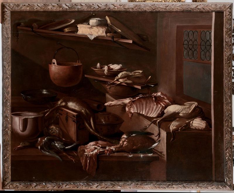 Scuola Lombarda del XVII secolo Natura morta con pollame e attrezzi da cucina  - Asta Dipinti Antichi - Cambi Casa d'Aste