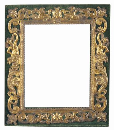 Cornice Rivestita in Velluto Verde con Applicazione di Rame Dorato, Roma XVII Secolo