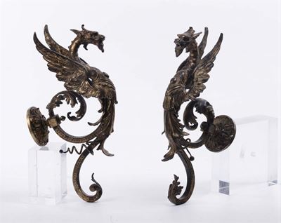 Coppia di Appliques in Bronzo Dorato con Draghi, XIX Secolo