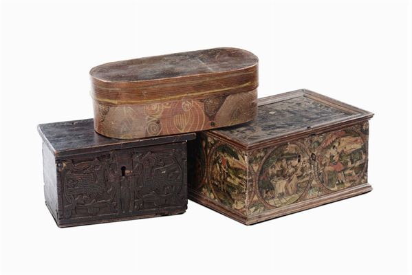 Lotto di tre cofanetti in legno, XVII - XVIII secolo