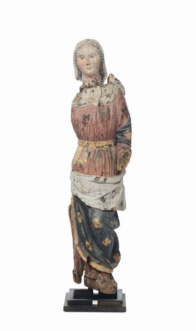 Grande Scultura in Legno Intagliato e Laccato Raffigurante Santa, XVII Secolo