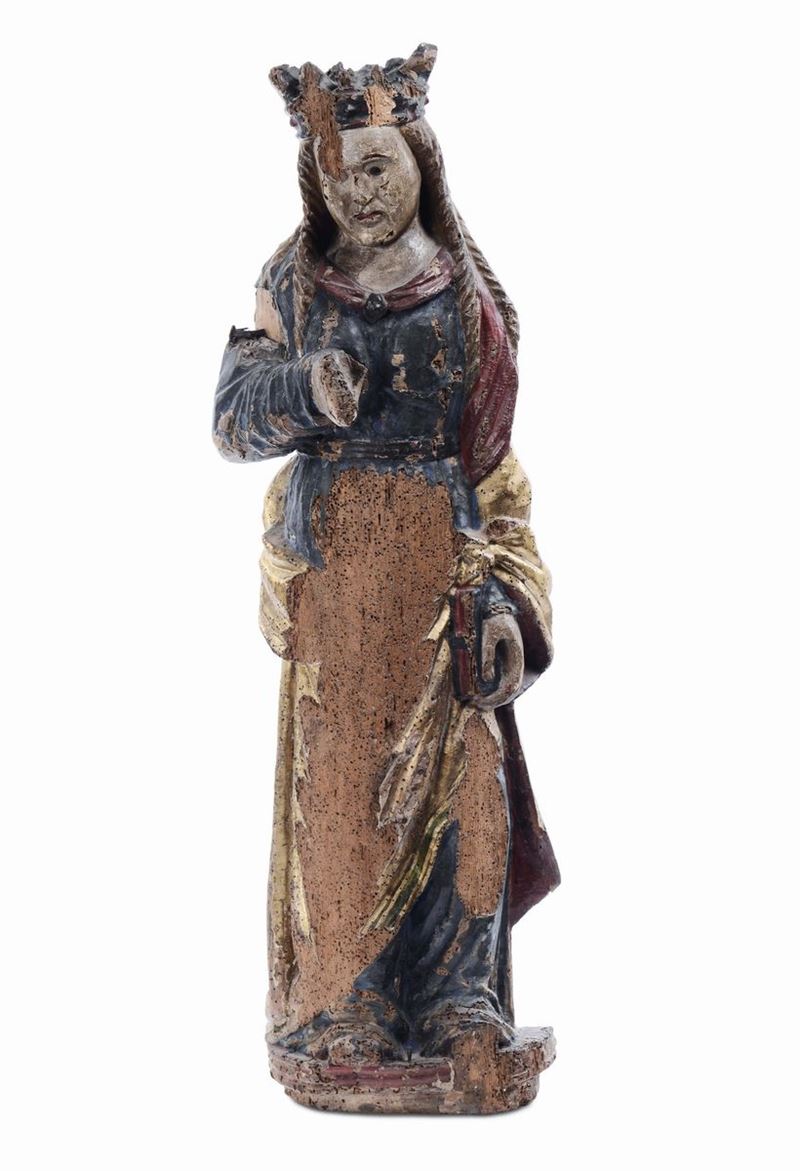 Scultura in legno laccato e dorato raffigurante Vergine, XVI secolo  - Asta Arredi e Oggetti d'Arte da Importanti Collezioni Private - Cambi Casa d'Aste