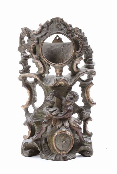 Cornice Porta Orologio Intagliata, Laccata e Dorata, Veneto XVIII Secolo