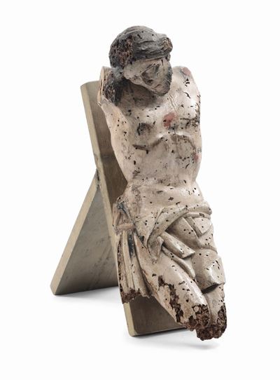 Frammento di Cristo Crocifisso in Legno Intagliato e Laccato, XVII Secolo