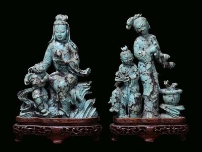 Coppia di Gruppi in Turchese con Figure, Cina, Dinastia Qing, XVIII Secolo