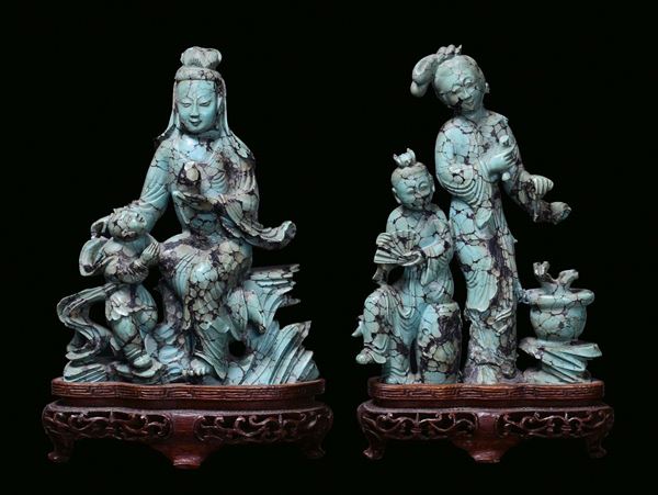A pair of turquoise groups with figures, China, Qing Dynasty, 18th century