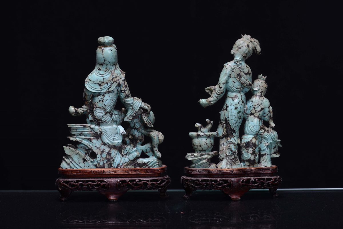 Coppia di Gruppi in Turchese con Figure, Cina, Dinastia Qing, XVIII Secolo