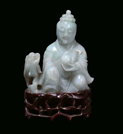 Figura di Saggio con Cane in Giadeite Cina, Dinastia Qing, XIX Secolo
