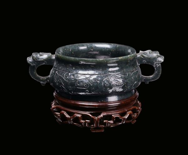A spinach jade censer in archaic shape, Qing Dynasty, China 19 th century