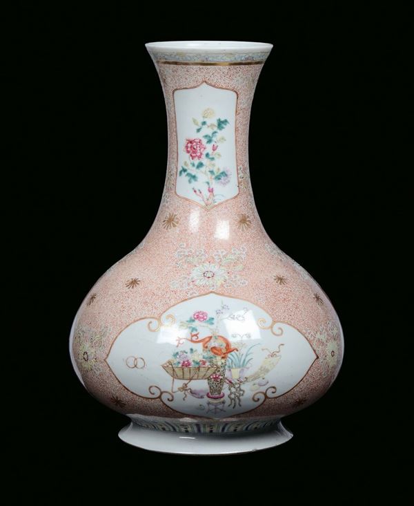 A porcelain vase with decoration in the colours of the Famille Rose, China, Qing Dynasty, 19th centuryapocryphal Qianlong mark