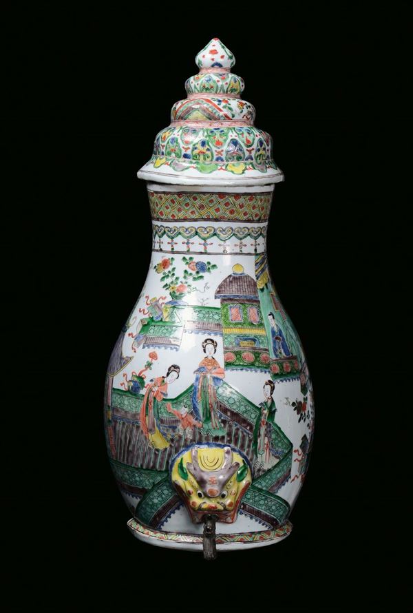 A polychrome decoration with oriental figures and temples, Famille Verte, China, Qing Dynasty, Kangxi Period (1662-1722)