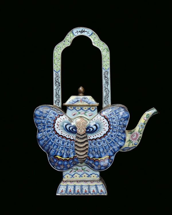 A Canton enamelled metal teapot in the shape of a butterfly, China, Qing Dynasty, 19th century