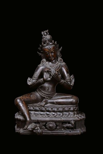 Bodhisattva in Bronzo a Patina Scura, Sud-est Asiatico, Primo Quarto XIX Secolo