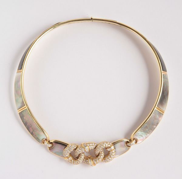 A mother of pearl and diamond flexible necklace