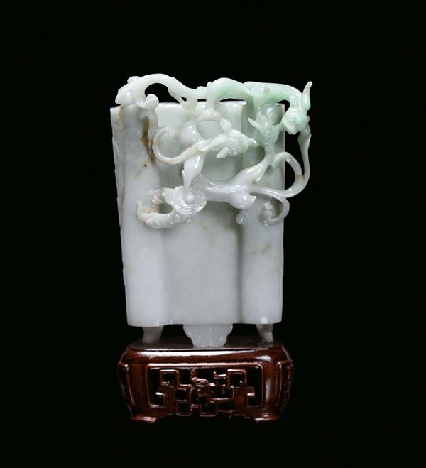 A small jadeite vase with relief dragons, China, Qing Dynasty, 19th century
