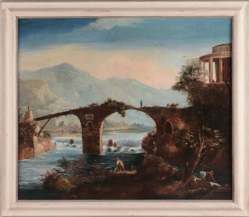 Anonimo del XVIII/XIX secolo Paesaggio fluviale con ponte  - Asta Arredi e Oggetti d'Arte da Importanti Collezioni Private - Cambi Casa d'Aste