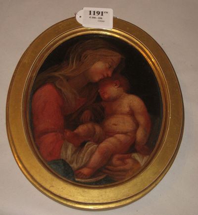 Piccolo Dipinto Ovale Raffigurante Madonna Col Bambino