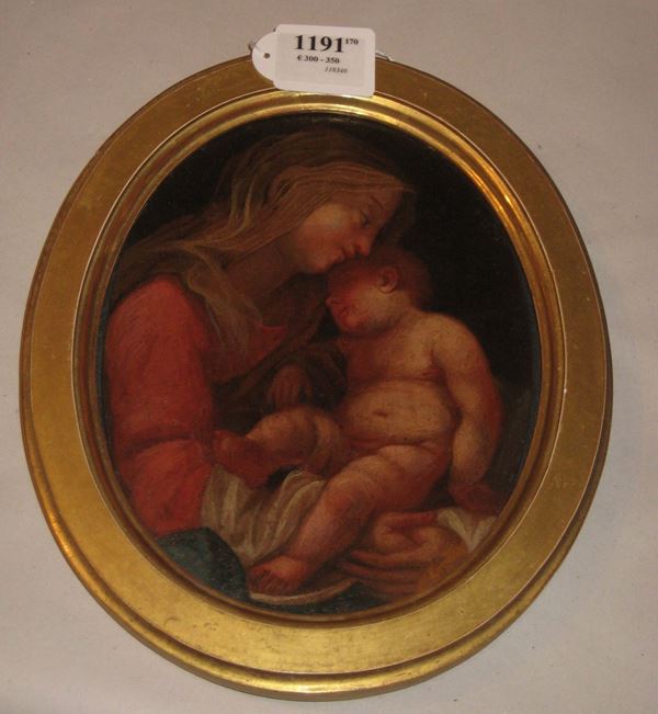 Piccolo dipinto ovale raffigurante Madonna col Bambino