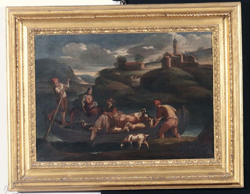 Scuola del XVII secolo Scena fluviale con figure  - Asta Arredi e Oggetti d'Arte da Importanti Collezioni Private - Cambi Casa d'Aste