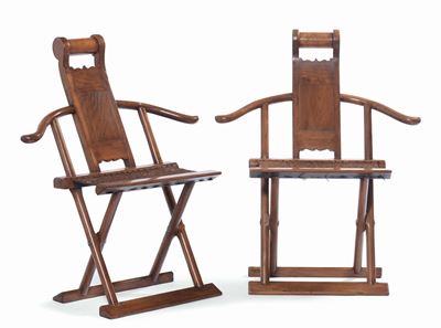 Coppia di Seggiole Pieghevoli in Legno di Quercia, Cina, Dinastia Qing, XIX Secolo