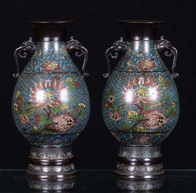 Coppia di Vasi in Bronzo Cloisonne, Cina Fine XIX Secolo