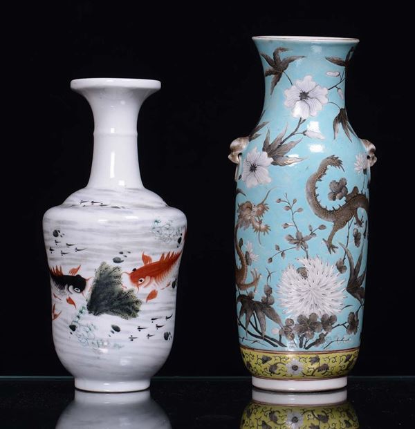 A porcelain bottle with carps and a vase with dragons on turquoise background, China, 20th century