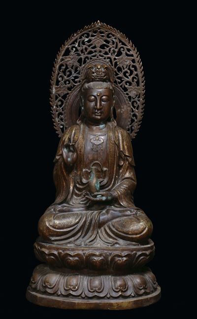 Grande Figura di Guanyin in Bronzo con Decori Dorati, Cina XX Secolo