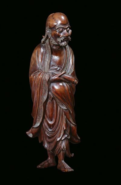 Figura di Luohan in Legno di Frutto, Cina, Repubblica, XX Secolo