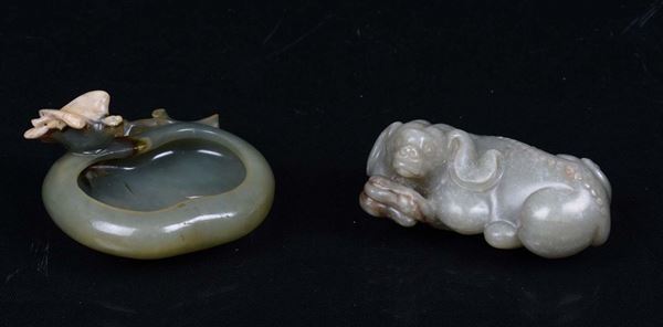 A small jade bowl with wooden base and jade dog, 20th century