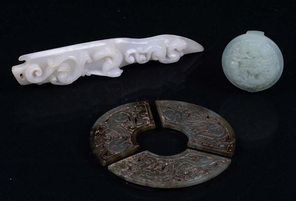 Two jade pieces and disk formed by three jadeite pieces, China, 20th century
