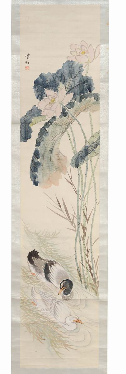 Serie di otto scroll dipinti su carta a soggetto naturalistico, Cina, Dinastia Qing, XIX-XX secolo
