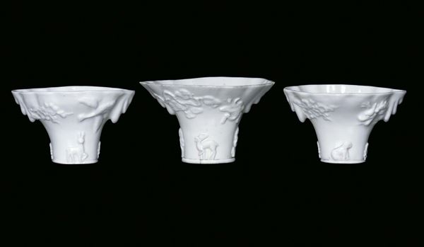 Tre coppe libatorie in Blanc de Chine, Dehua, Cina, Dinastia Qing, XVIII secolo