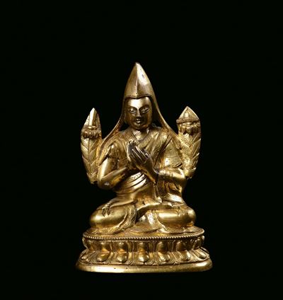 Figura di Lama Tibetano in Bronzo Dorato, Cina, Dinastia Qing, XVIII Secolo