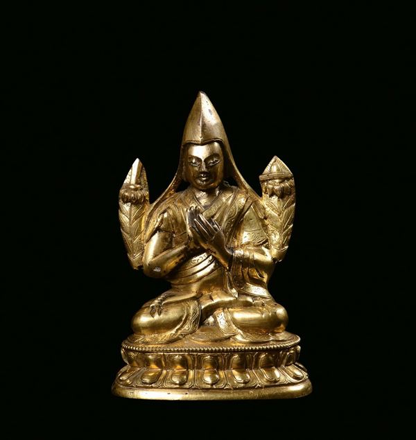 Figura di Lama tibetano in bronzo dorato, Cina, Dinastia Qing, XVIII secolo