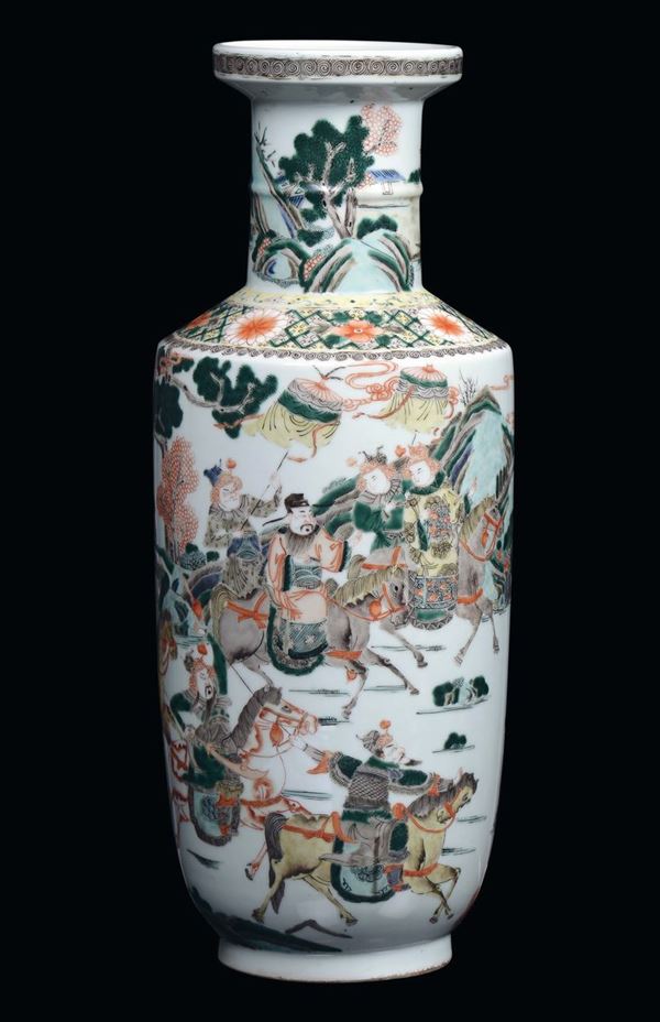 A polychrome porcelain rouleau vase, Famille Verte, China, Qing Dynasty, 19th century