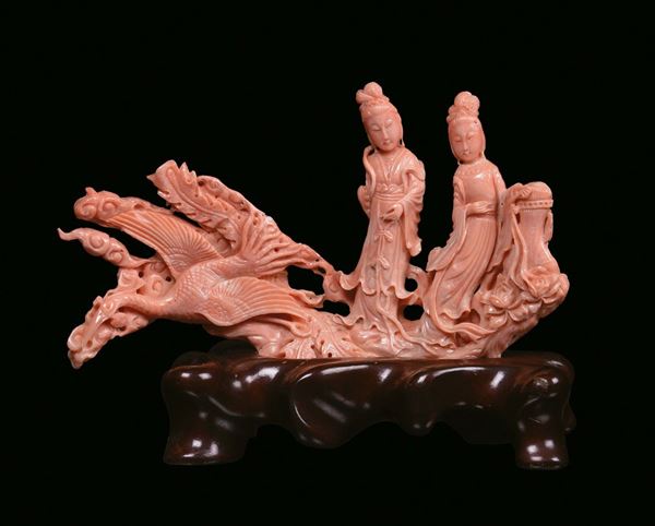 A pink coral group with figures, China beginning 20th century