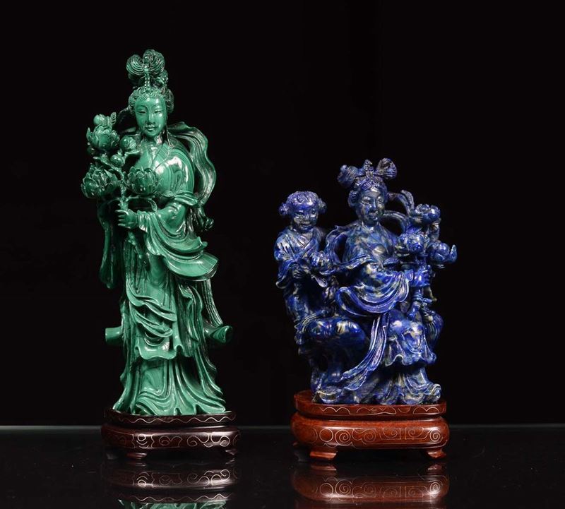 Figura in lapis e figura in malachite, Cina inizio XX secolo  - Asta Fine Chinese Works of Art - Cambi Casa d'Aste