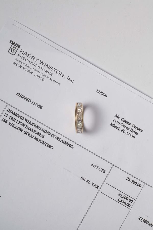 A trilliant-cut diamond wedding ring. Signed Harry Winston, New York 1996. Provenance gift from Gianni Versace