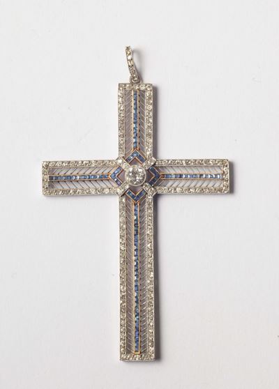 Croce in Oro, Platino, Zaffiri e Diamanti. Diamante Centrale di Ct 0,65 Circa
