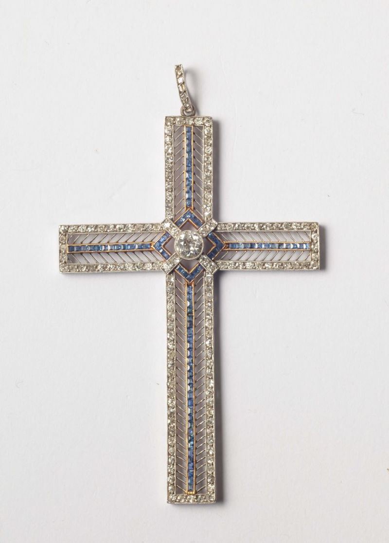 A 19th century platinum, sapphire and diamond cross. Provenance Gianni Versace  - Auction Silver, Ancient and Contemporary Jewels - Cambi Casa d'Aste
