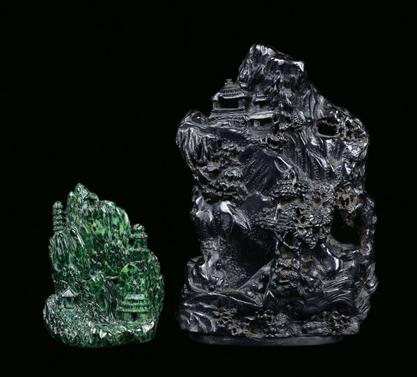 A lot formed by a slate brush holder with mountain, figures and small malachite mountain, China, Qing Dynasty, 19th century