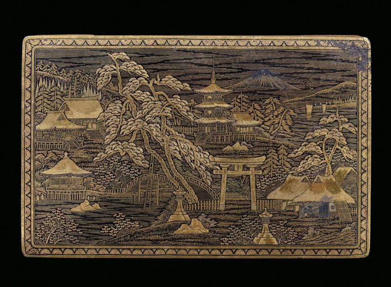 A box with 9 carats gold niello with view of the Fuji and interior carved with flying birds, Japan, Meji (1868-1912). Punch on the bottom  - Auction Fine Chinese Works of Art - Cambi Casa d'Aste
