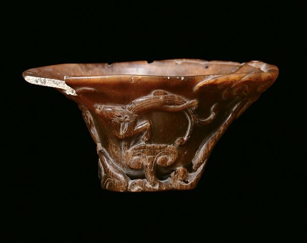 A carved rhino horn cup with dragon, China, Qing Dynasty, 17th century