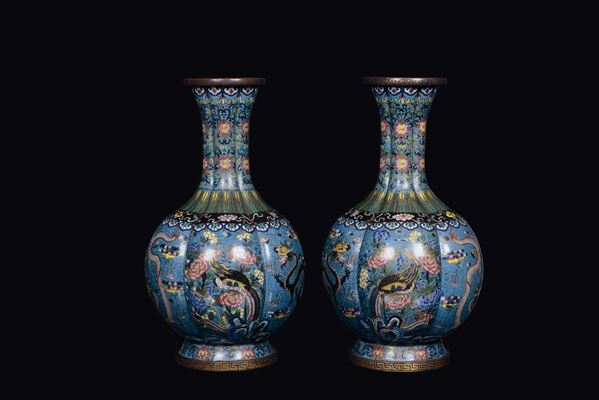 Coppia di vasi cloisonne con decoro naturalistico, Cina, Dinastia Qing, Periodo Guangxu (1875-1908)