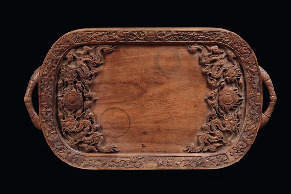 Two handles Huangwali tray richly carved with dragons, China, Qing Dynasty, 19th century