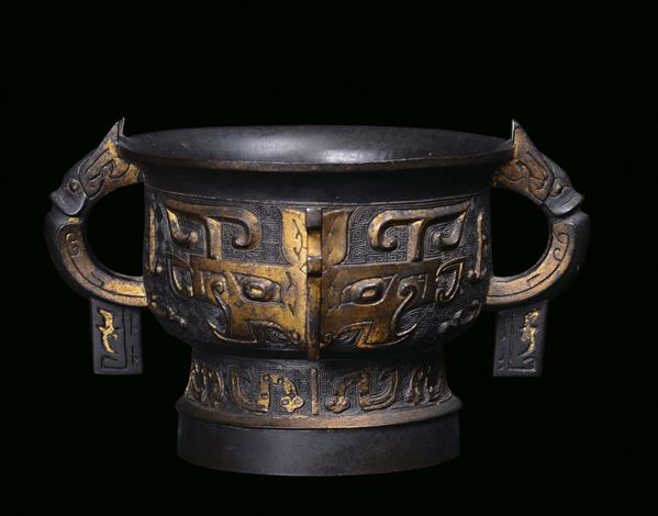 A partially gilt bronze censer or gui, archaic shape, China, Ming Dynasty, 17th centuryA similar sample is duplicated in a 1749 print on the annals of the Imperial Palace in Beijing during the Qianlong Reign.The same censer without gold plate is preserved at the Victoria and Albert Museum in London
