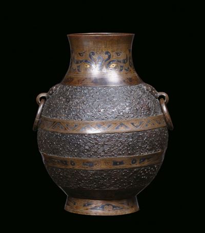 Vaso Arcaico in Bronzo con Inserti in Oro e Argento, Cina, Dinastia Ming, XVII Secolo