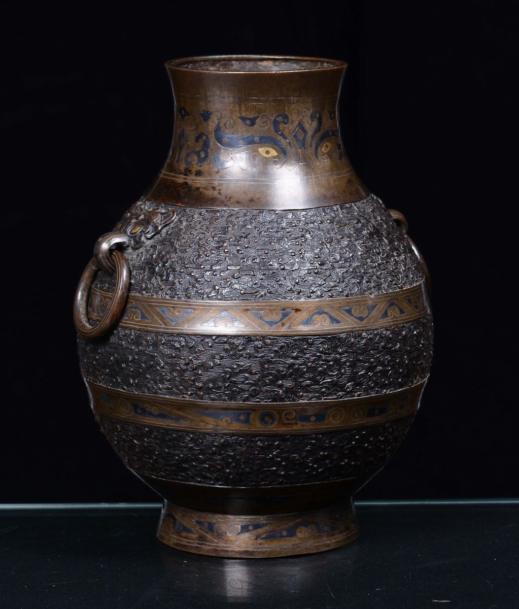 Vaso Arcaico in Bronzo con Inserti in Oro e Argento, Cina, Dinastia Ming, XVII Secolo